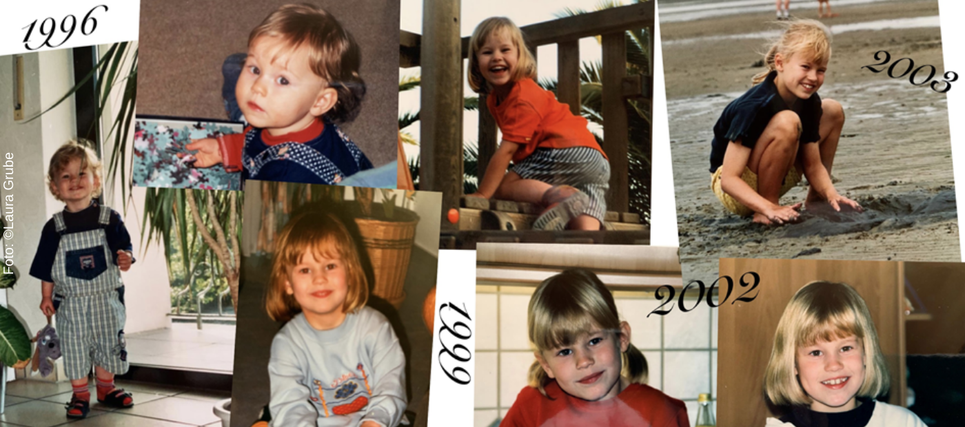 Sechs Kinderfotos von einem Mädchen vom Kleinkindalter bis ins Grundschulalter aus den Jahren 1999 bis 2003. 